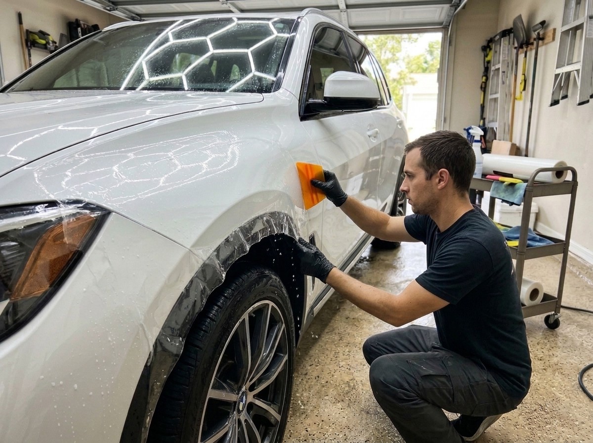 Installer applying paint protection film